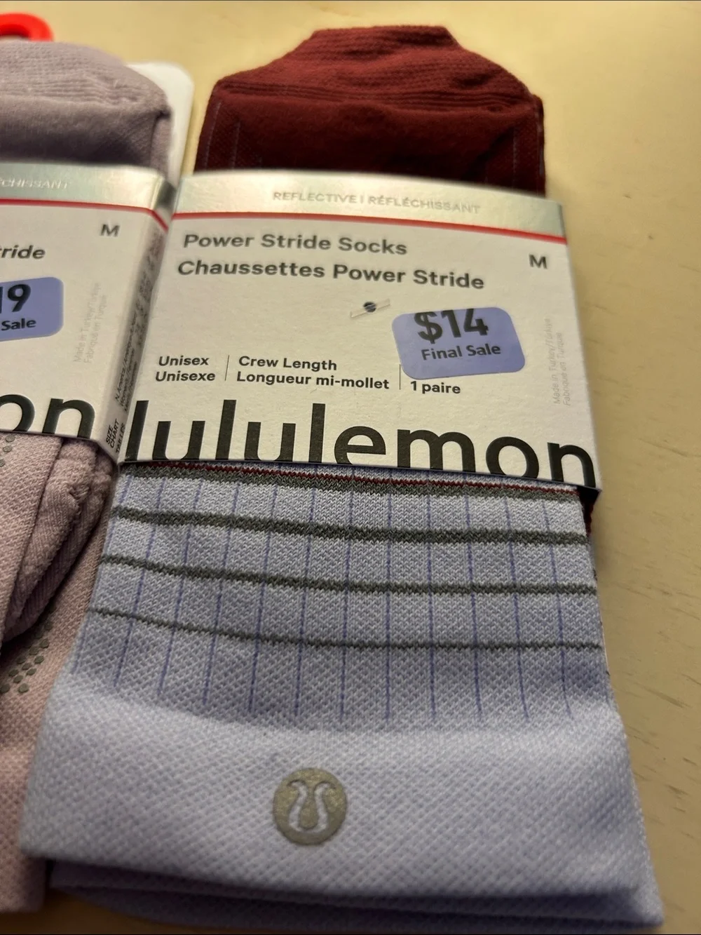 lululemon Power Stride Crew Socks - Light Purple maroon 2 pair reflective